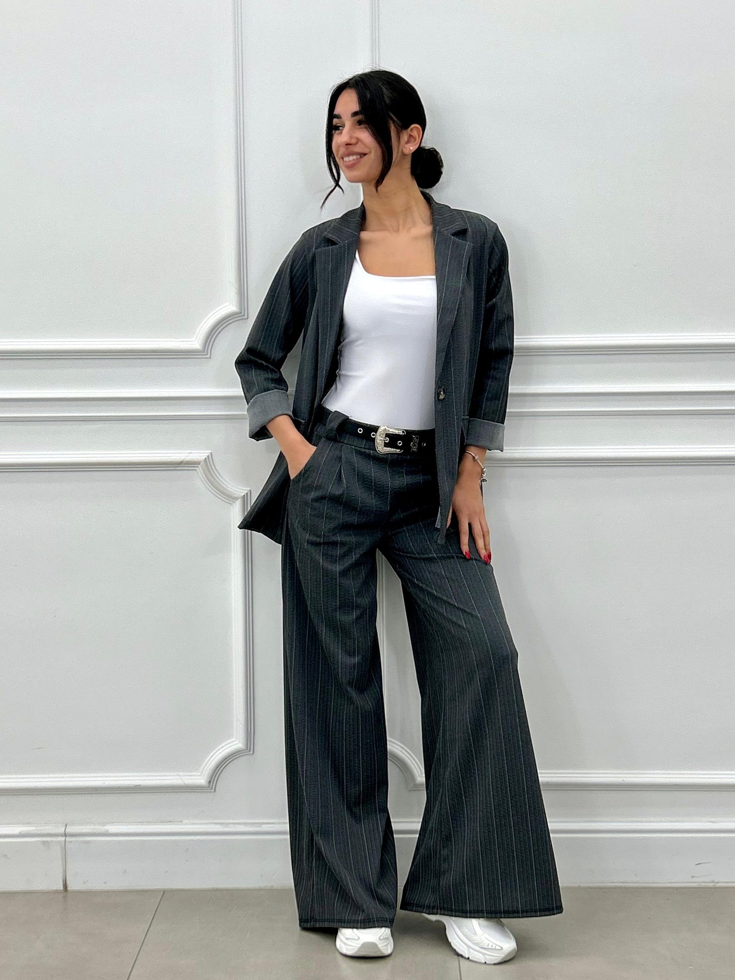 Conjunto a Rayas Diplomáticas Efecto Denim | Chaqueta y Pantalón Palazzo