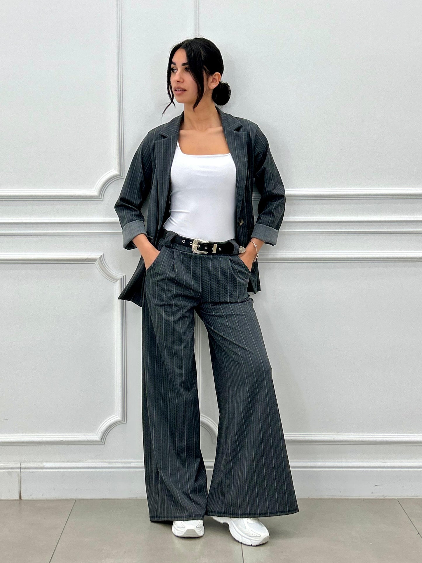 Conjunto a Rayas Diplomáticas Efecto Denim | Chaqueta y Pantalón Palazzo