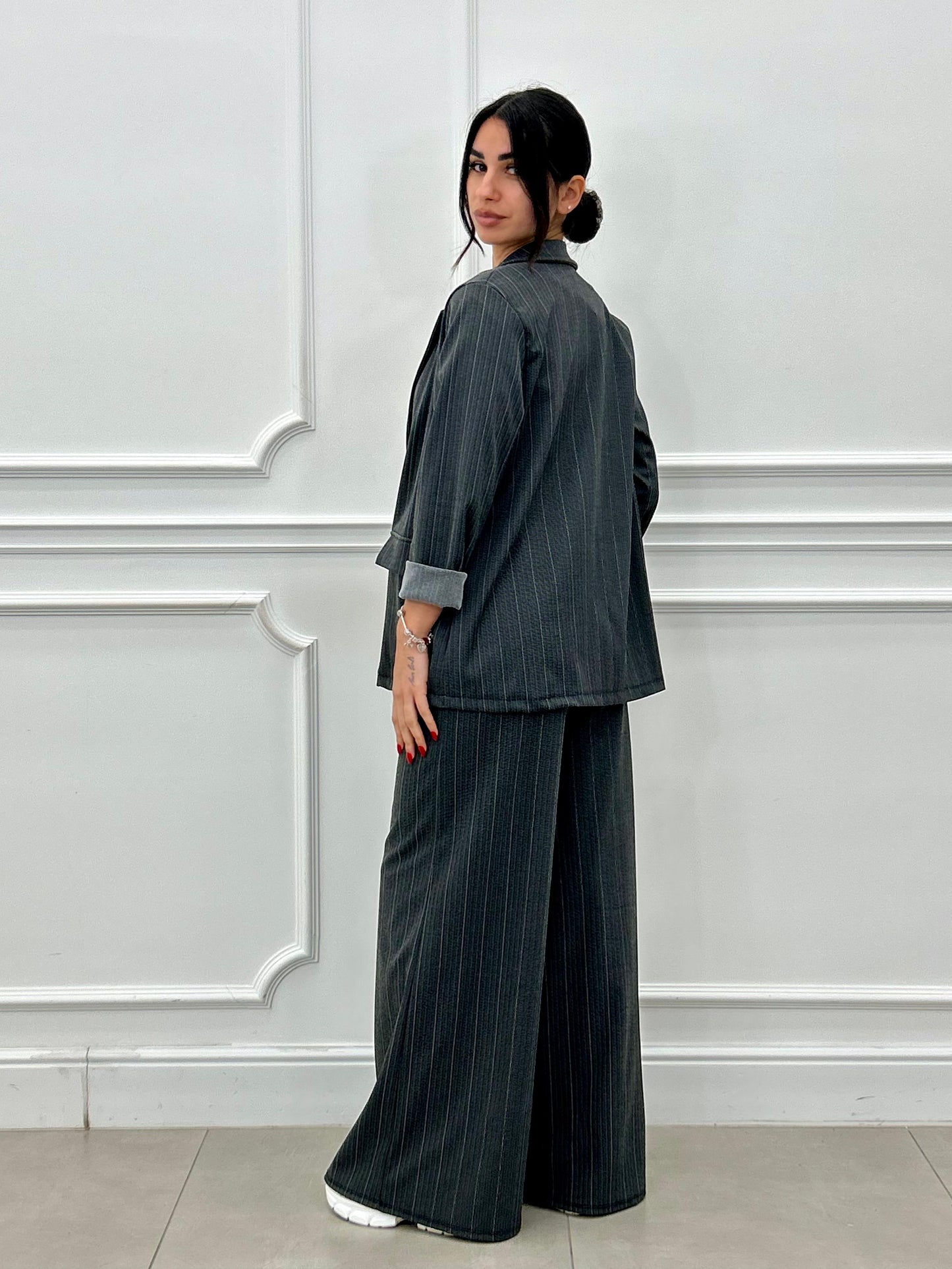 Conjunto a Rayas Diplomáticas Efecto Denim | Chaqueta y Pantalón Palazzo