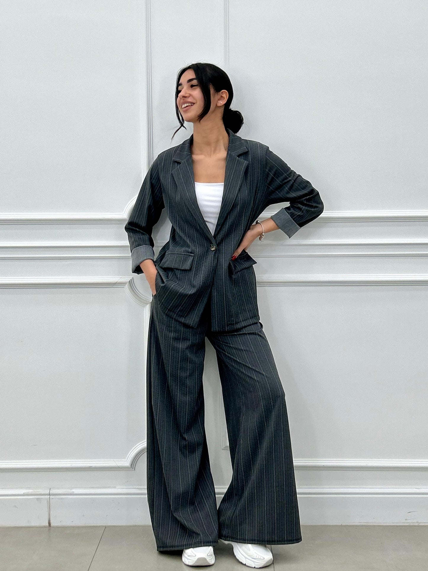 Conjunto a Rayas Diplomáticas Efecto Denim | Chaqueta y Pantalón Palazzo