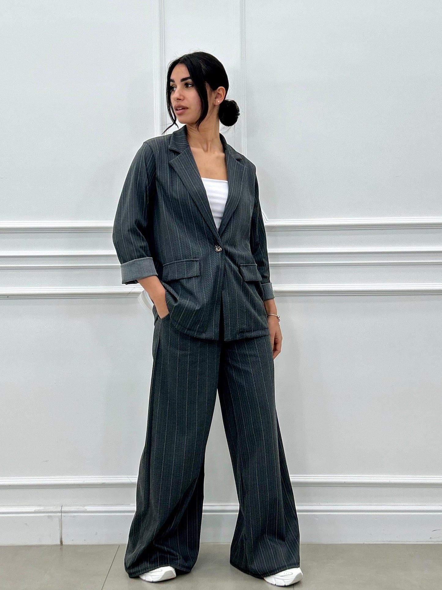 Conjunto a Rayas Diplomáticas Efecto Denim | Chaqueta y Pantalón Palazzo