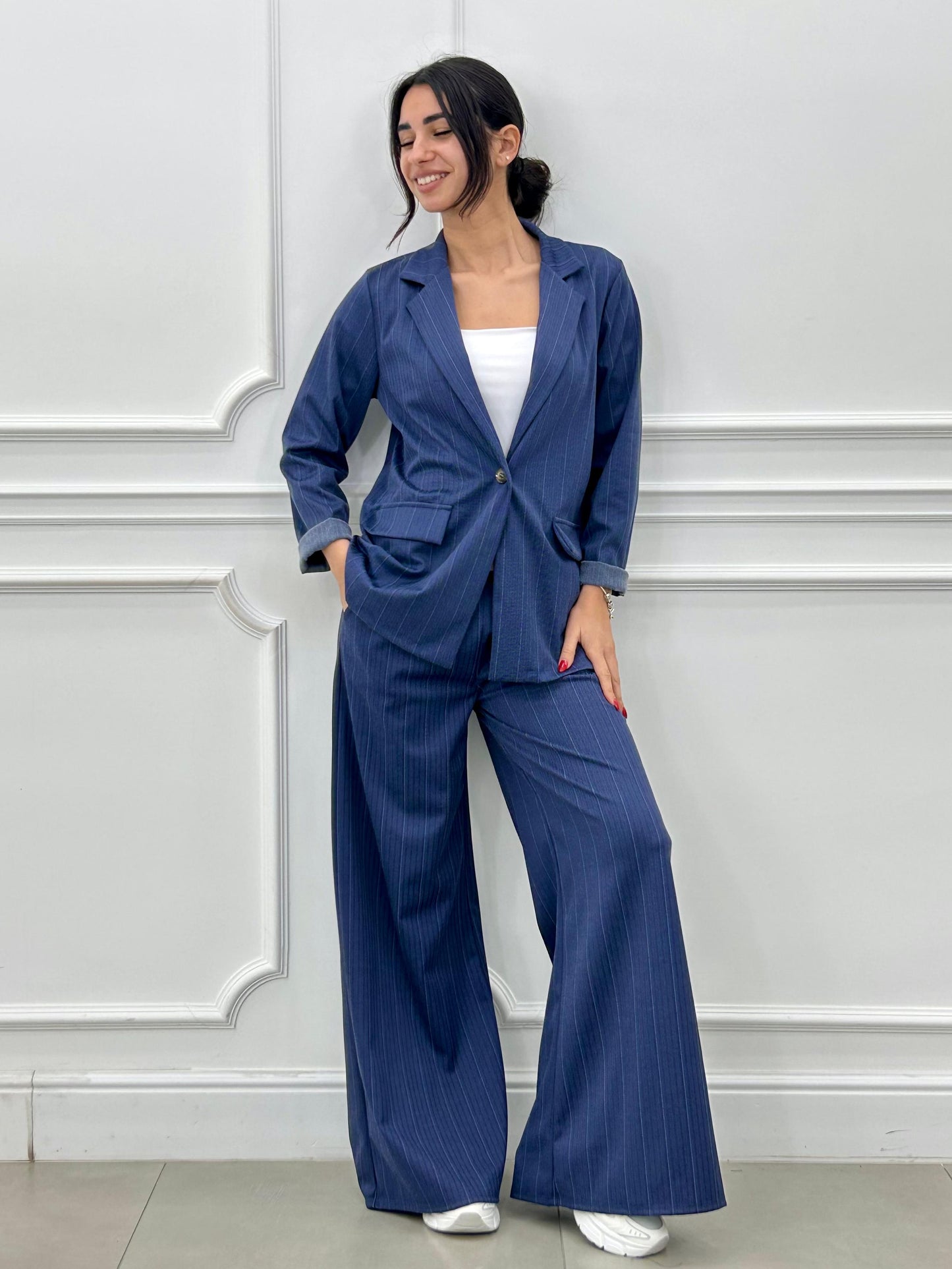 Conjunto a Rayas Diplomáticas Efecto Denim | Chaqueta y Pantalón Palazzo