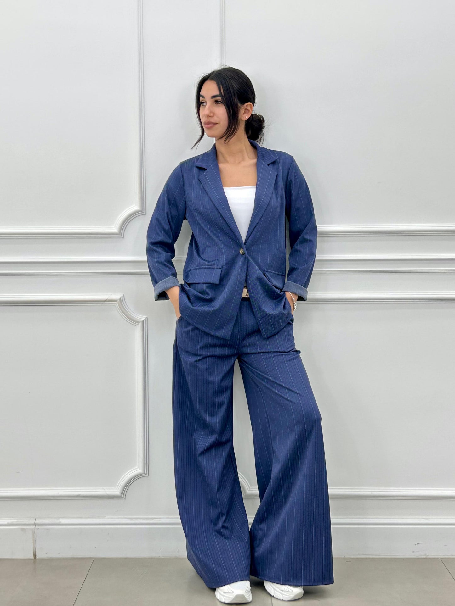 Conjunto a Rayas Diplomáticas Efecto Denim | Chaqueta y Pantalón Palazzo