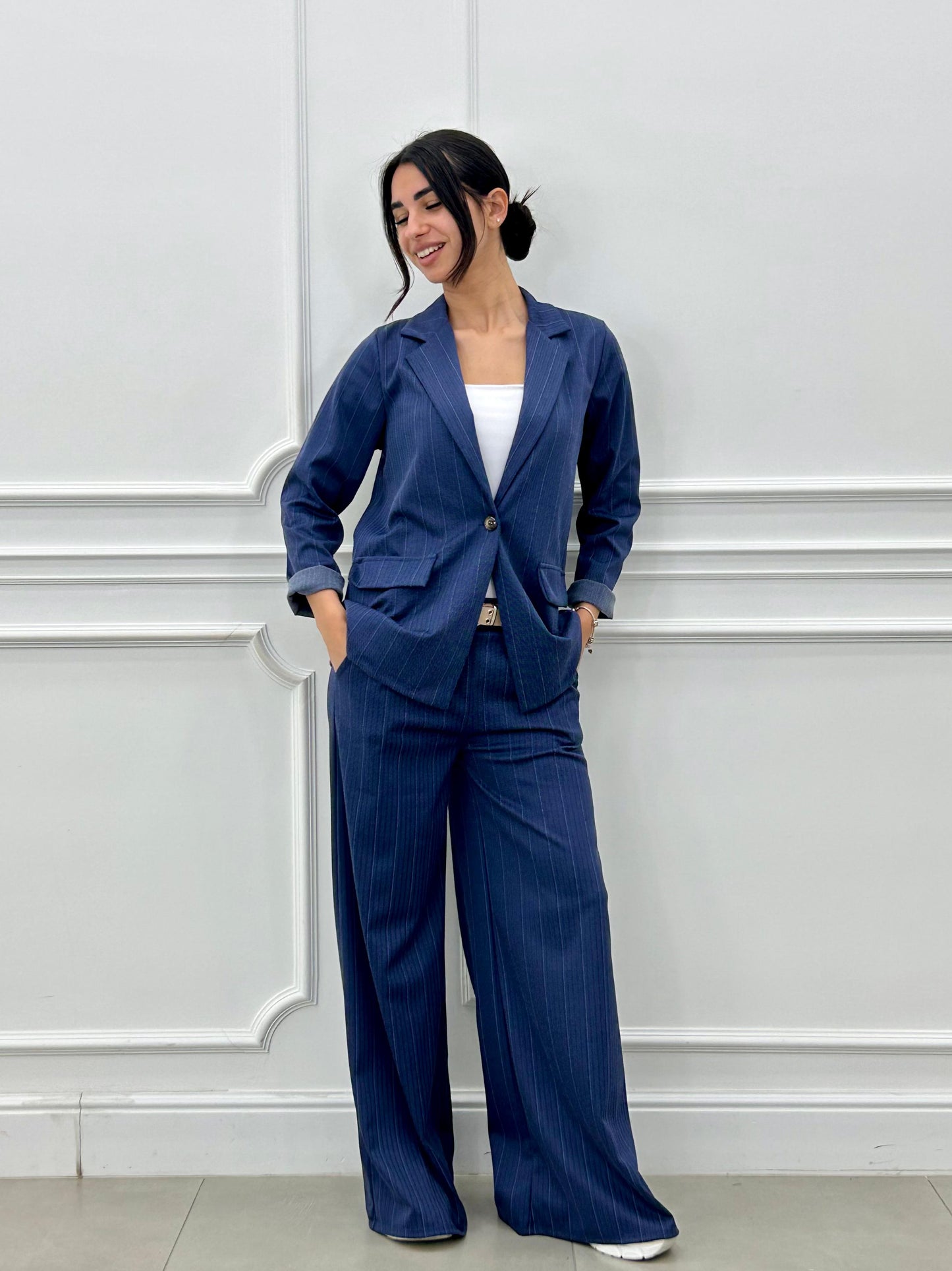 Conjunto a Rayas Diplomáticas Efecto Denim | Chaqueta y Pantalón Palazzo