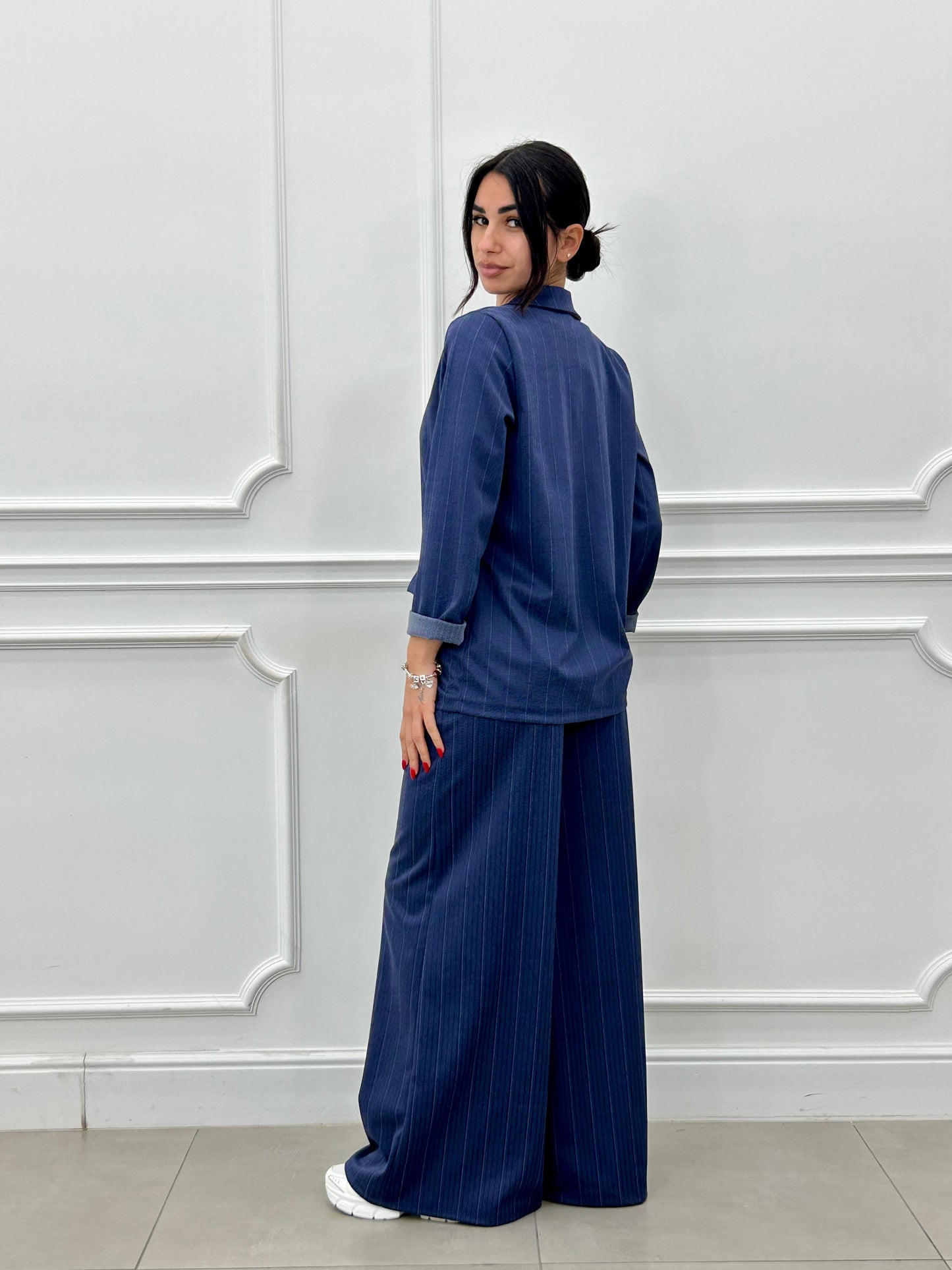 Conjunto a Rayas Diplomáticas Efecto Denim | Chaqueta y Pantalón Palazzo