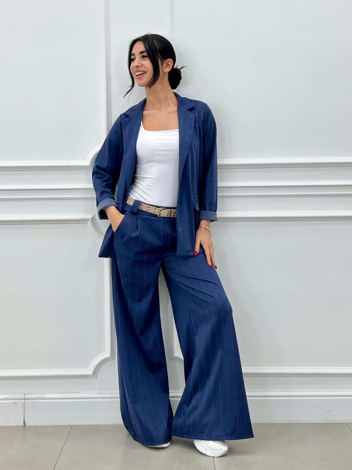 Conjunto a Rayas Diplomáticas Efecto Denim | Chaqueta y Pantalón Palazzo