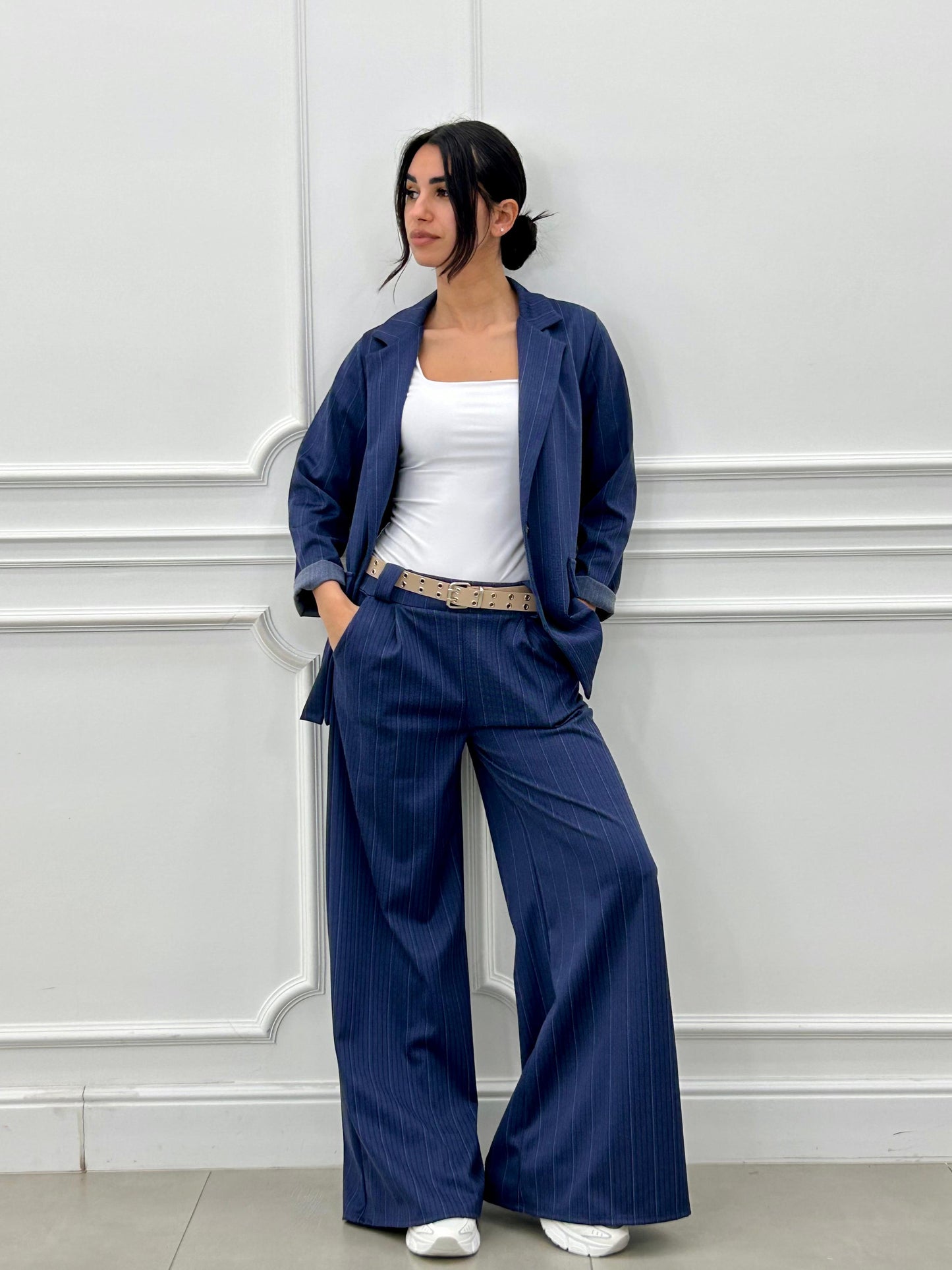 Conjunto a Rayas Diplomáticas Efecto Denim | Chaqueta y Pantalón Palazzo