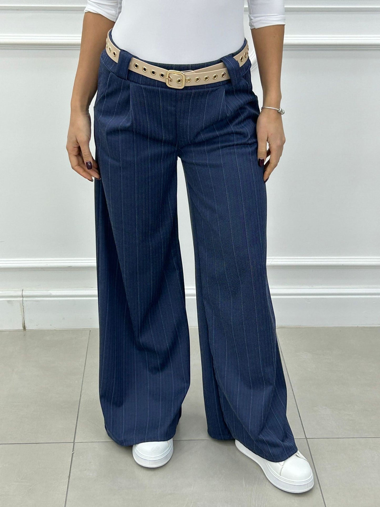 Conjunto a Rayas Diplomáticas Efecto Denim | Chaqueta y Pantalón Palazzo