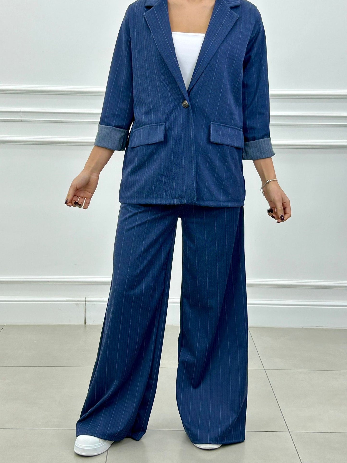 Conjunto a Rayas Diplomáticas Efecto Denim | Chaqueta y Pantalón Palazzo