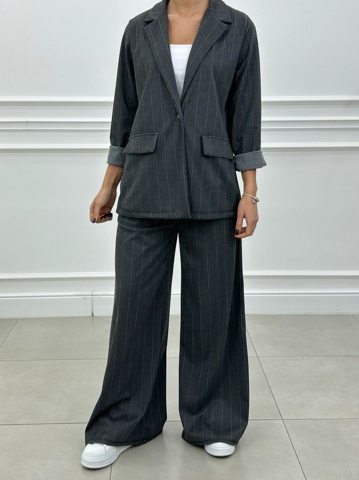 Conjunto a Rayas Diplomáticas Efecto Denim | Chaqueta y Pantalón Palazzo